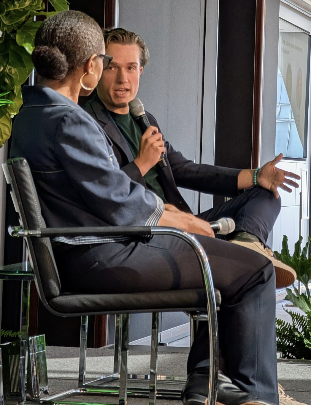 Benji Backer addresses an Earth Day gathering of business leaders at the Hearst Tower in New York